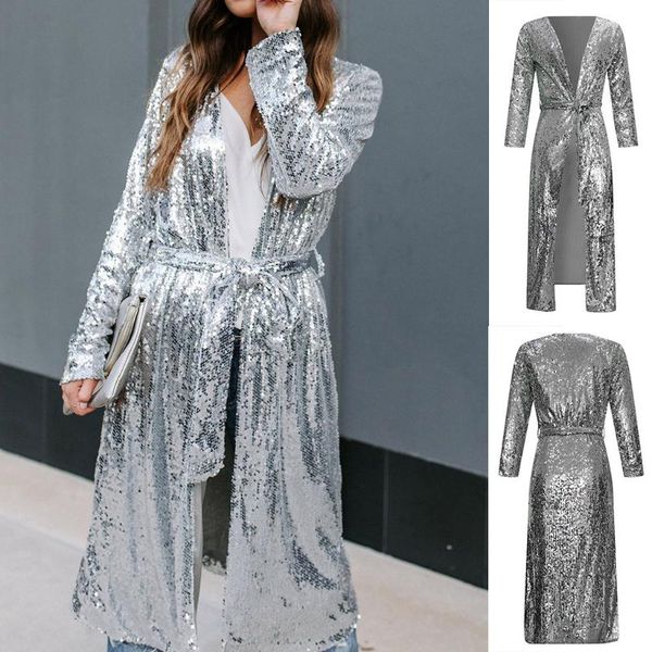 

women's fashion casual silver sequins long button belt coat cardigan, Tan;black