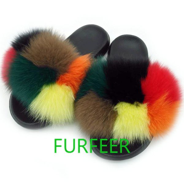 

women fur slides fashion fur slippers ladies lovely fluffy slippers women plush flip flops drop shipping, Black