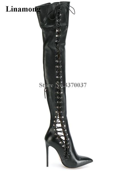 

women pointed toe buckle design over knee gladiator boots side lace-up thigh high long high heel boots dress shoes, Black