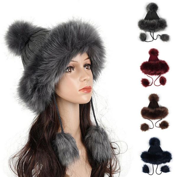

new women winter hat big fur pom poms bobble ladies knit ski beanie christmas gift casual female thick knitted faux fur hats, Blue;gray