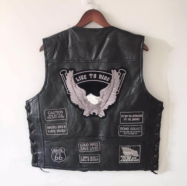 

mens eagle patch black genuine leather motorcycle vest fashion lacing us flag mc sheepskin sleeveless biker jackets v neck waistcoats w976, Black;white