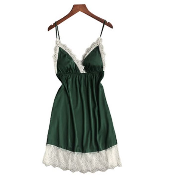 

nightdress silk v-neck lace sleepwear lingerie babydoll nightgown mini sleeveless women sleepshirt with chest pads, Black;red