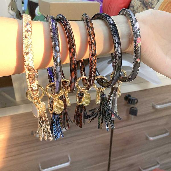 

new fashion multiful tassel keychain enamel pu leather o key chain circle wristlet keychain for women girls, Silver