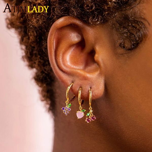 

2020 summer new arrived grape apple strawberry cherry colorful pendant delicious cute lovely fruit charm hoop earrings jewelry, Golden;silver