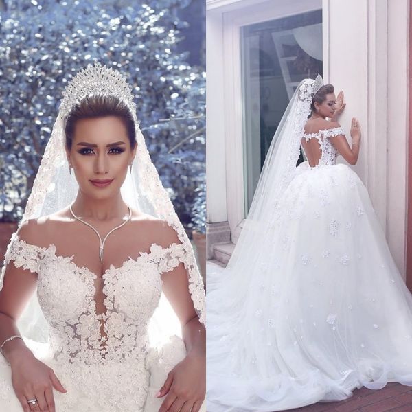 

Vestidos De Noiva Romantic Sweetheart Off the Shoulder Wedding Dresses 2018 Said Mhamad Sexy Open Back Appliques Lace Bridal Gowns