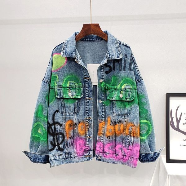 

2020 autumn oversized letter painted print frayed harajuku washed denim coat chaqueta mujer primavera casual fashion jean jacket, Black;brown