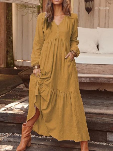 

dress casual fashion comfortable ladies clothing button big swing womens dresses summer v neck long sleeve women designer, Black;gray