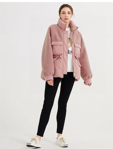 

soft nap panelled draw string warm coat teenager casual parkas pink color womens winter jacket designer, Black