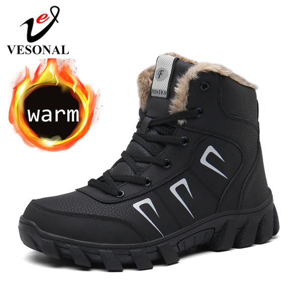 

vesona unise winter snow boots shoes men leather with fur warm male casual outdoor walking mountaineering work boots non-slip, Black