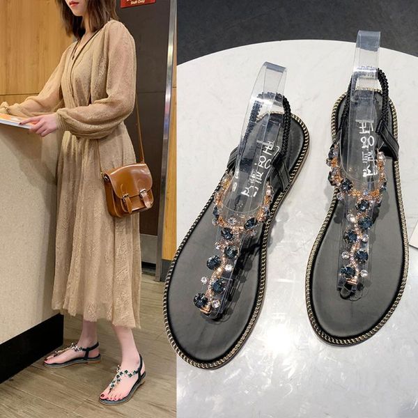 

women thong sandals t-type open toe rhinestone flat bottom roman sandals shoes ladies summer casual female boho t-strap slipper, Black