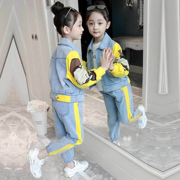 

girls clothing sets 2019 children fashion active jackets coat and jeans pants set kids clothing autumn sports suit tracksuit, White
