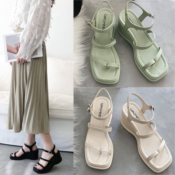 

7.5cm platform sandals women wedge high heels shoes women sandals leather square toe summer zapatos mujer woman shoes, Black