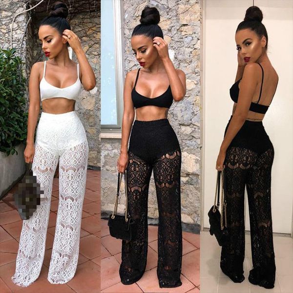 

hirigin 2pcs women sleeveless crop clubwear see through high waist lace hollow out trousers wide pants outfit set, Gray