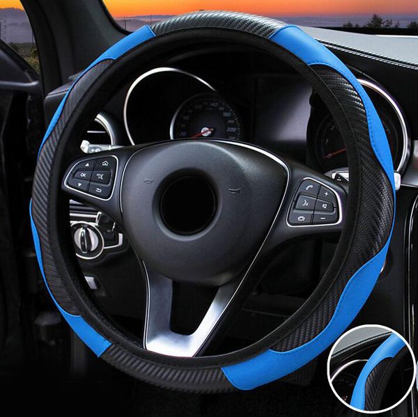 

1x steering wheel cover blue black 37-38cm car interior carbon fiber leather elastic interior style easy decoration replacement