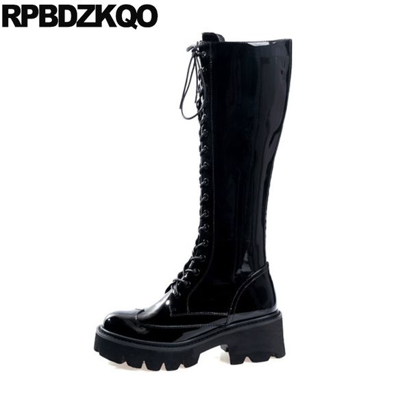 

сдобы лакированного flatform колено высоких коренастая высокая черные ботинки creepers платформа harajuku 10 большого размером боковой молни, Black