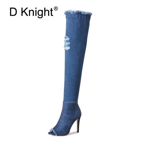 

big size 43 fashion women hole denim 10cm high heels over the knee boots spring summer peep toe thigh high boots shoe woman, Black