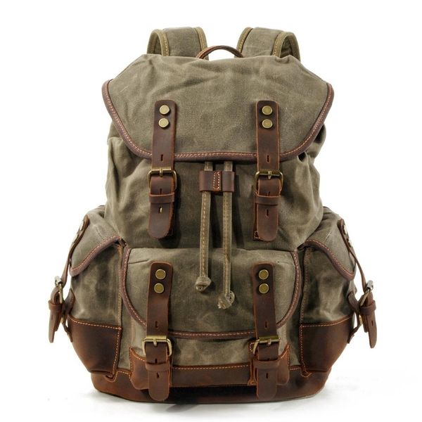 

M272 Vintage Canvas Leather Backpacks for Men Laptop Daypacks Waterproof Canvas Rucksacks Large Waxed Mountaineering Travel Pack002