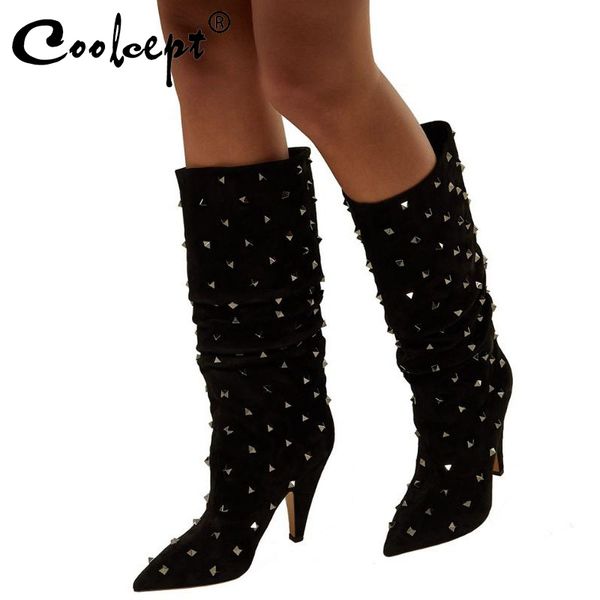

boots coolcept knee high for women pointed toe rivets heels shoes black winter footwear plus size 34-46
