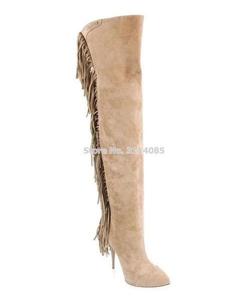 

women elegant beige black grey fringe long boots pointed toe thigh high boots nice tassel over the knee tall plus size