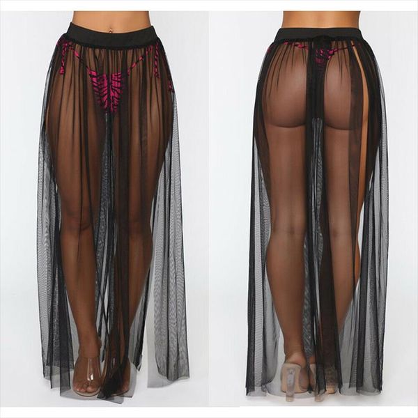

женщины sexy mesh sheer юбки summer beach swim wear бикини cover up wrap long see through одежда для женщин отдыха новая мода 2020, Black