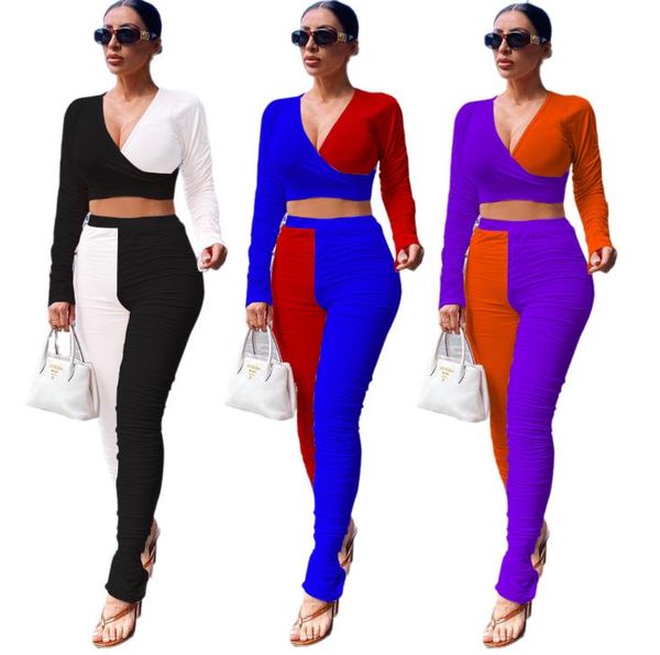 

women two piece jogging suits casual contrast color v neck long sleeve crop 2 piece set womens designers clothes, Gray