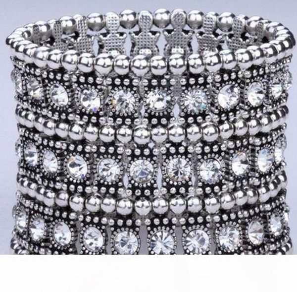 

1pcs luxury antique 1 row 2 row 3 row etc. antique silver clear crystal silver tone stretch bracelet, Black