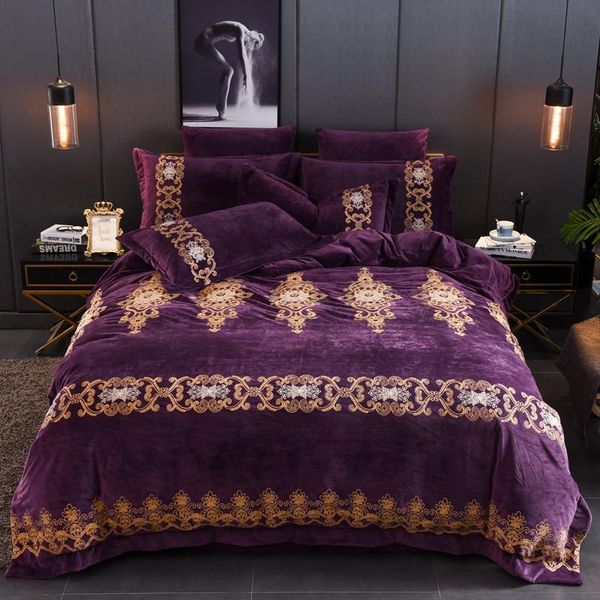 

j1 purple luxury european style royal embroidery winter thick velvet flannel bedding set duvet cover bed linen/sheet pillowcases