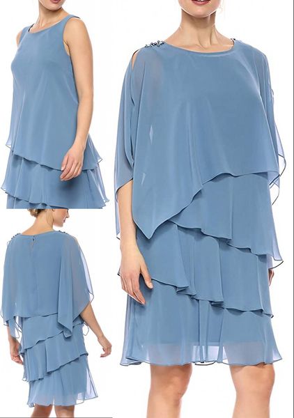 Elegante Ombro Céu Azul Mulheres frisada camadas Cabo Bainha Plus Size Mãe dos vestidos de desgaste vestidos de noiva Chiffon Evening Formal Prom Party