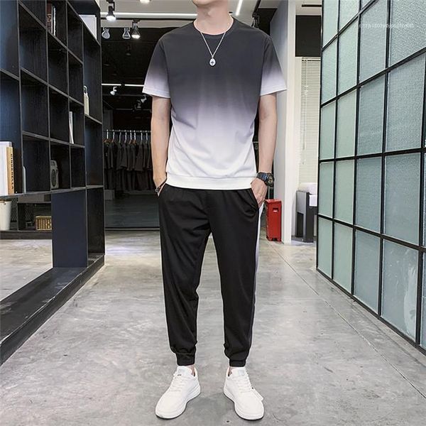 

gradient tracksuit summer short sleeve crew neck tshirt loose trousers homme sport suit mens, Gray