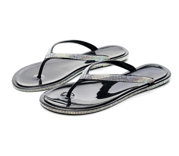 

women summer home slippers crystal flip flops peep toe beach shoes bling glitter sandals lady indoor non-slip flat zapatos mujer, Black