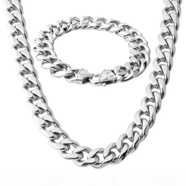 

fashion gift 13 15mm wide mens chain necklace curb cuban link silver tone stainless steel necklace bracelet jewelry set