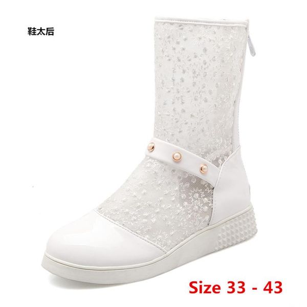

summer mid calf boots female british flat platform short boots woman motorcycle women shoes small big size 33 - 43, Black