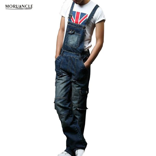 

moruancle new men's denim bib overalls fashion cargo jeans jumpsuits suspender pants for big and tall super size -8xl, Blue