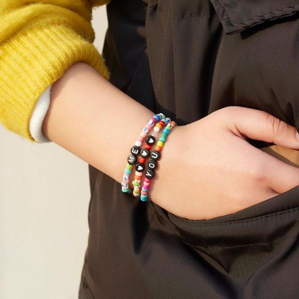 

you love me letter word colorful bead adjustable elastic bracelet bohemia style fit beach travel daily wear jewelry, Golden;silver