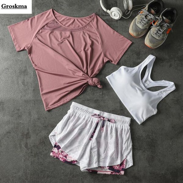 

bodybuilding women yoga 3 piece set mesh t shirt+bra+shorts quick dry fitness gym sportswear clothing running sets, White;red
