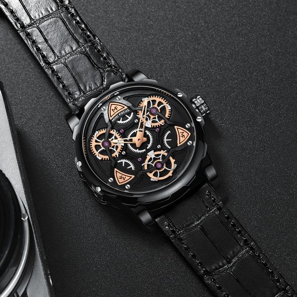 

mens watch mini focus luxury sport style design quartz watch men black leather strap black watch, Slivery;brown