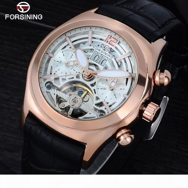

forsining convex glass stylish tourbillion 3d genuine leather strap mens watches automatic watch clock, Slivery;brown