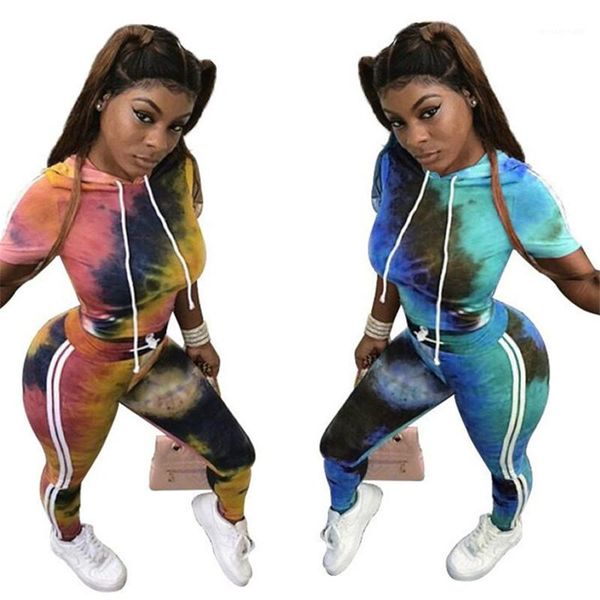 

striped pants sets new survetement femme fashion tie dyed women sportswear casual short sleeve hooded, Gray