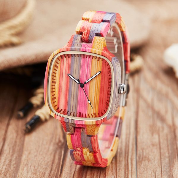 

couple wooden watch male bracelet wrist watches men women walnut wood square quartz colorful bamboo wristwatch reloj clock gift