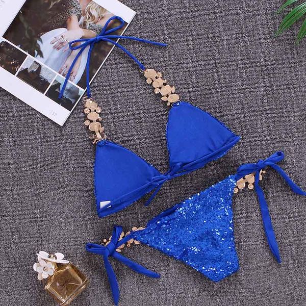 

2019 bikinis sequins golden women bandage bikini set push up padded strappy swimsuit backless brazillian summer swimwear ing