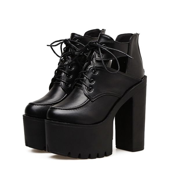 

lucyever 2020 spring autumn women lace up platform boots ladies chunky heel pu leather ankle boots punk super high heels booties, Black