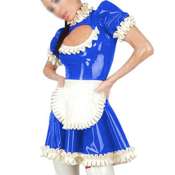 12 cores doce Ruffle guarnição plissadas Mini-Vestido Ladies Keyhole Frente PVC Empregada doméstica francesa Vestido Cosplay Partido Sexy Uniform Servo