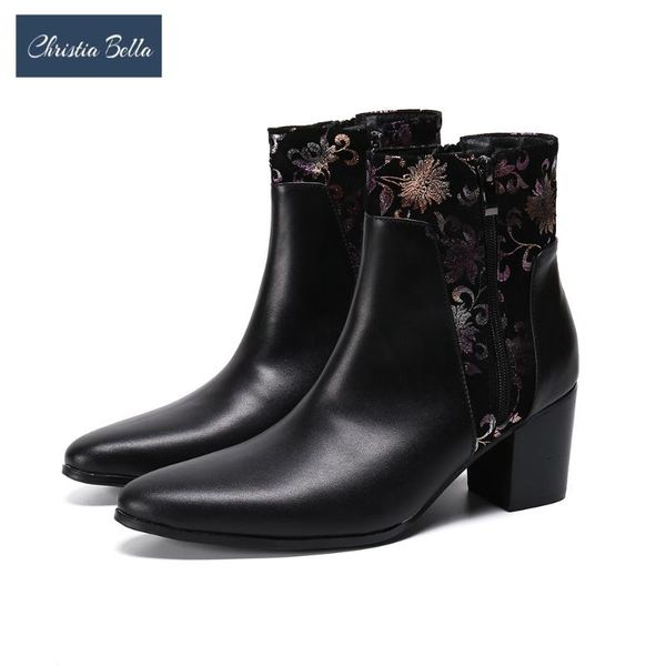 

christia bella fashion floral high heels men boots plus size genuine leather party club short boots jazz dance ankle botas, Black