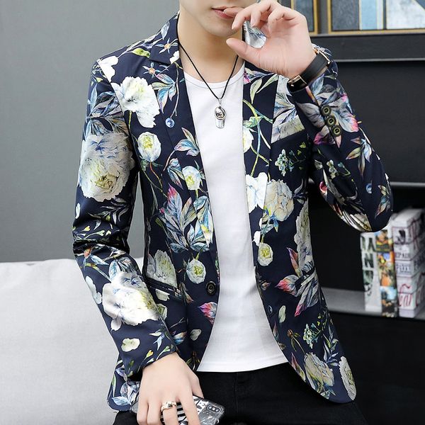 

men's suits & blazers 2021 winter floral print jackets blue flowers printed mens white slim fit casual social clothes, White;black