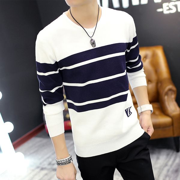

men's sweaters 2021 autumn round neck pullover knitting shirt youth fashion long-sleeved striped color matching thin sweater, White;black
