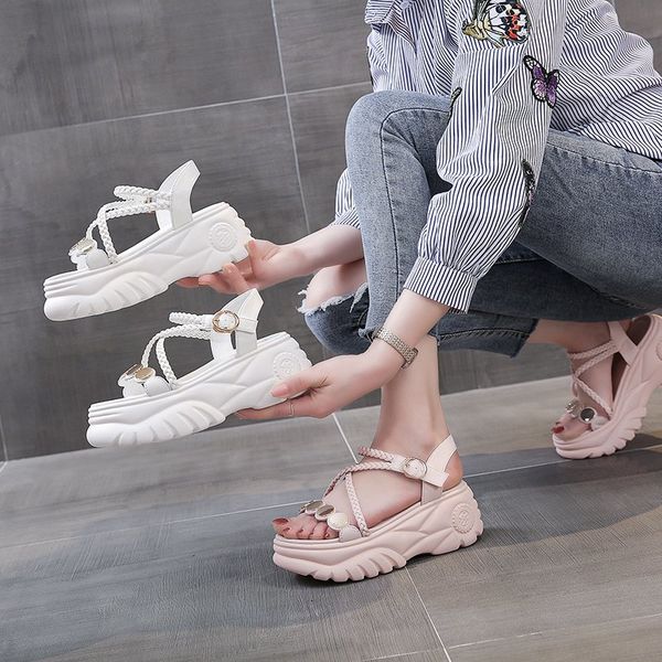

summer 2020 new fashion versatile mid-heel platform thickened sandals female fairy wind buckle rhinestone sandals z897, Black