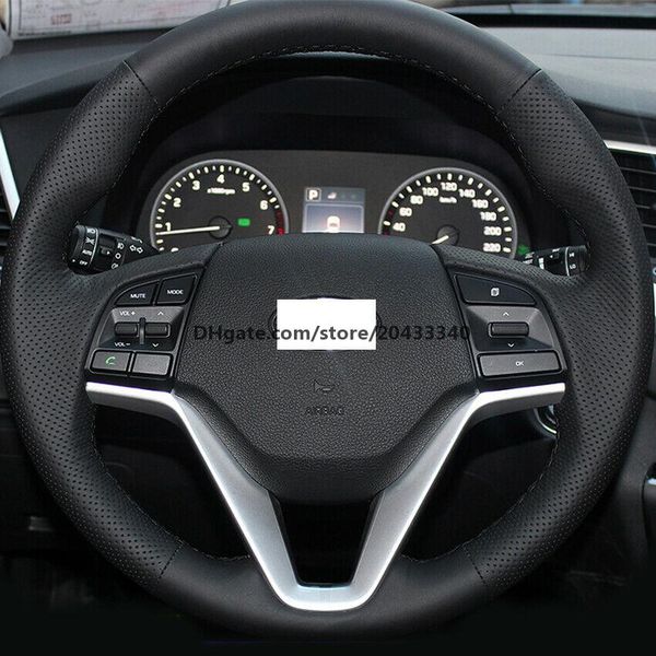 

black leather hand-stitched car steering wheel cover for hyundai tucson 15-16