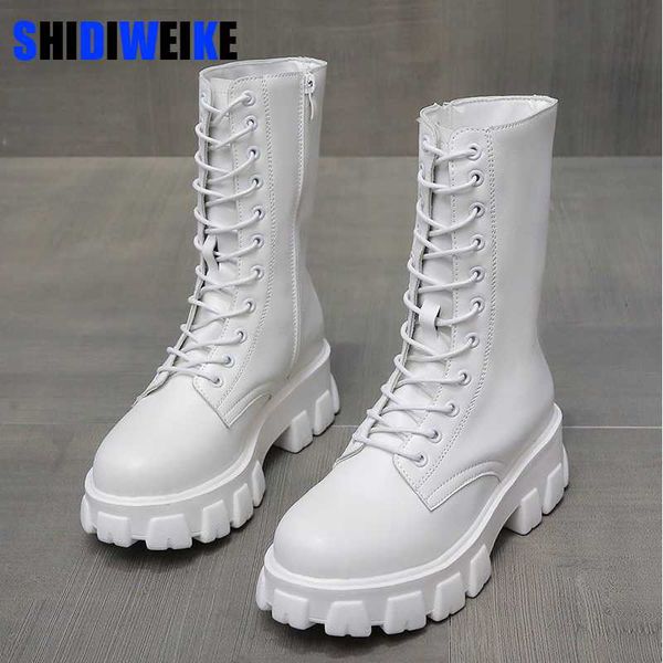 

2020 spring women white boots autumn fashion black leather platform gothic boots punk combat mid-calf for women ab995