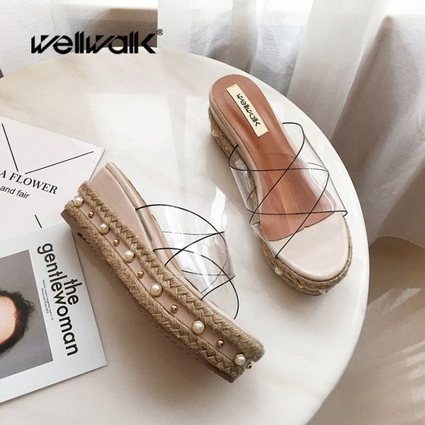 

casual espadrilles sandals women wedge shoes pvc cross straps ladies transparent slide female pearl decoration slipper, Black