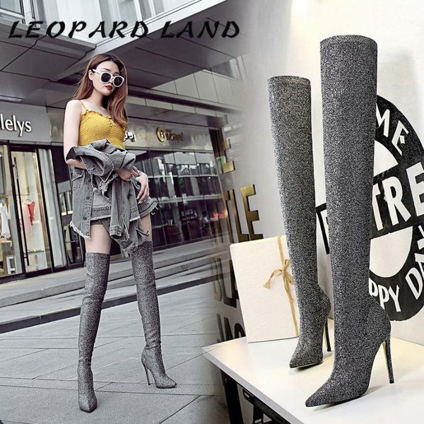 

leopard land fashion ultra-high heel pointed sequined cloth shiny nightclub slimming over-the-knee boots ds-125-2, Black